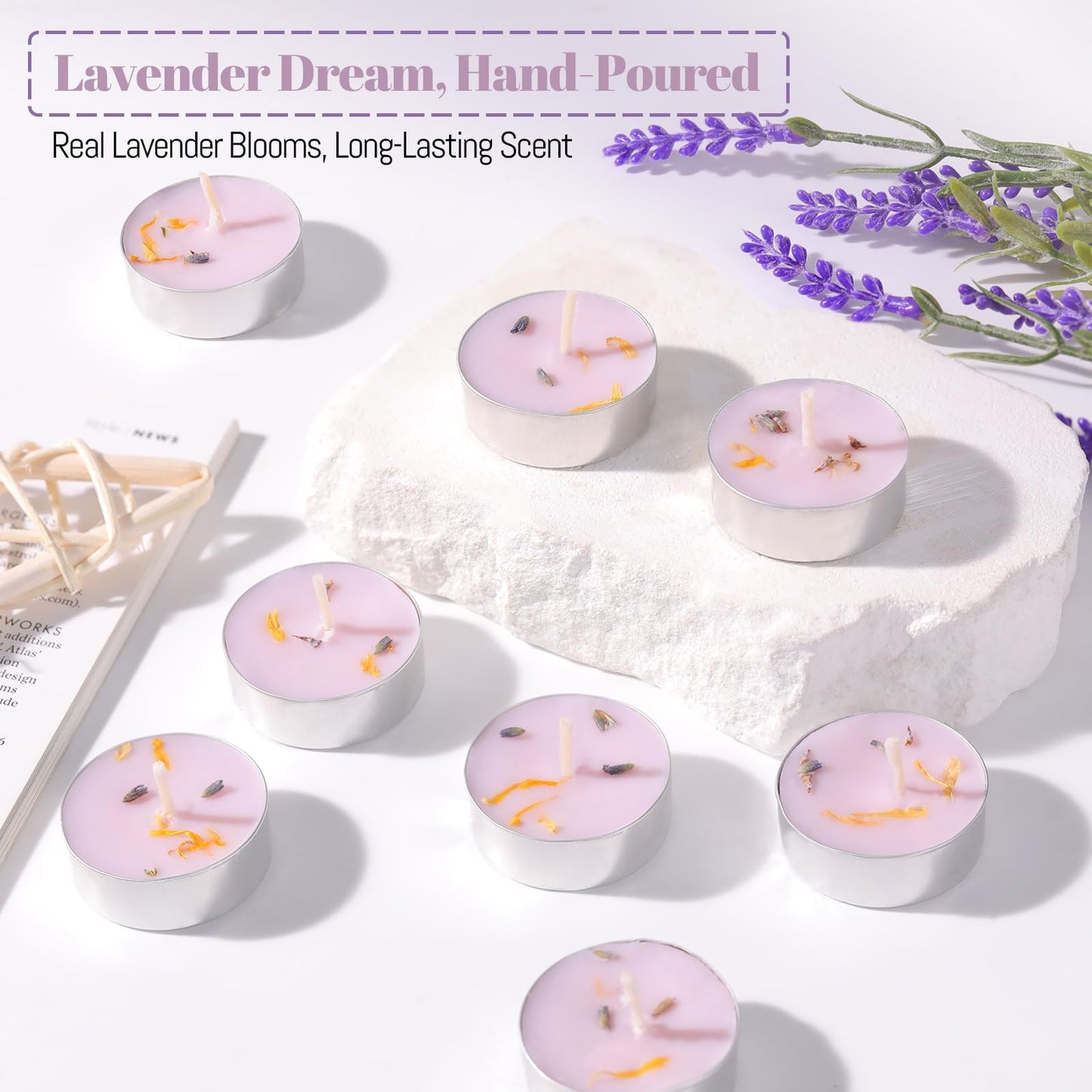 HAVITI 15 Pcs Lavender Scented Tealight Candles, Tea Lights Candles, 4H Smokeless Palm Wax Purple Tea Candle for Weddings,Christmas,Spa, Bath