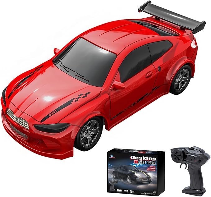 Desktop Mini Size 1:64 Scale 4WD RC Drift Car with Skill-Building Drift Control &amp LED Lights – Learn Drift Techniques Fast Charge Adjustable Throttle 2.4GHz Remote – Red