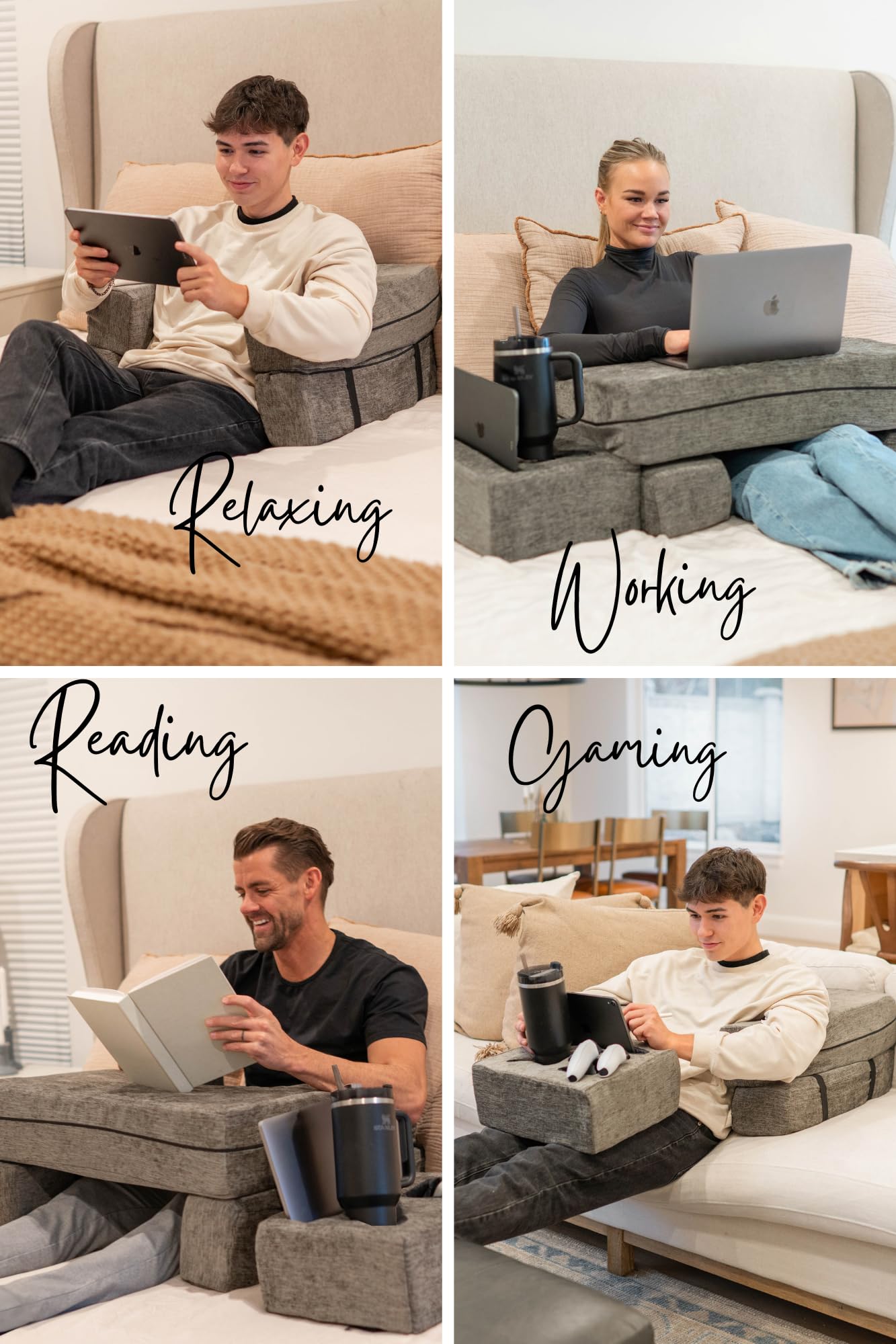 Adjustable Reading Pillow for Gaming, Work from Home, Laptop Pillow Desk with Cup & Phone Holder, Memory Foam Lap Desk Pillow for College Students, Extra Large Arm Rest Pillow for Working, Reading