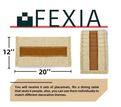 FEXIA Boho Placemats Set of 6, Macrame Table Decor and Farmhouse Style Placemats Natural Cotton Burlap, for Dining Table, Caramel