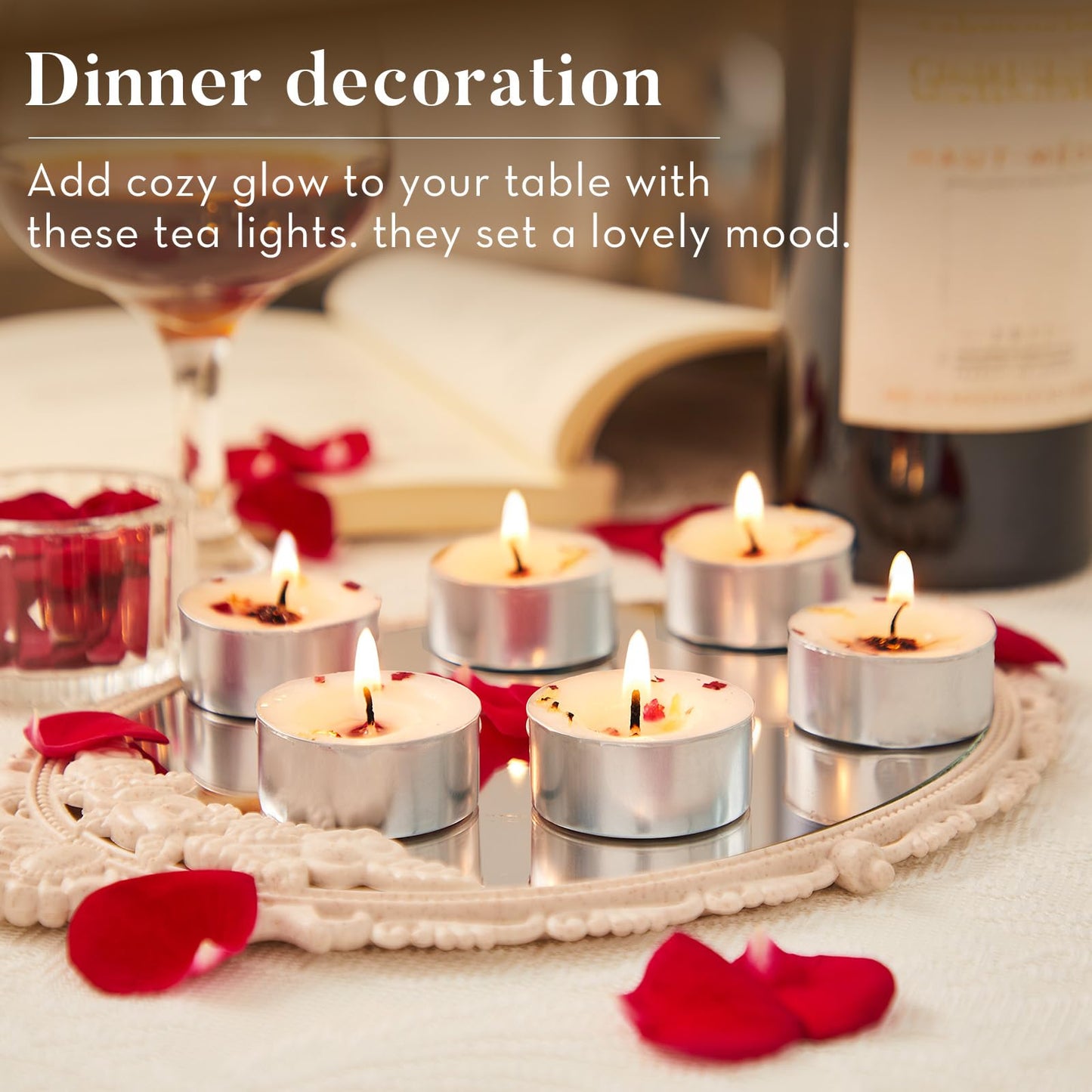 48 Pack Rose Scented Tealight Candles with Real Petals, Natural Soy Wax 6H Burn Time, Non-Toxic Smokeless Scented for Bath, Wedding, Decor