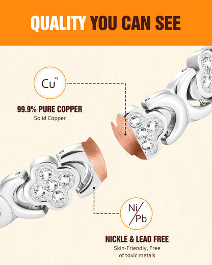 Jecanori Copper Bracelets for Women Pain Relief, Effective Pure Copper Magnetic Bracelet for Healing with 3500 Gauss Magnets, Four-leaf Clover (Silver)