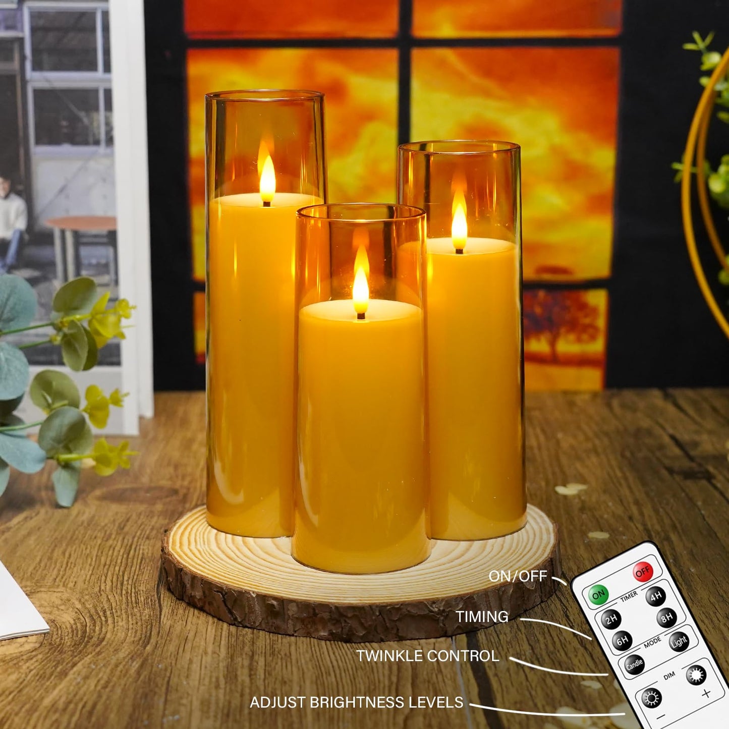 kakoya Flickering Flameless Candles Battery Operated with Remote and 2/4/6/8 H Timer Acrylic Led Pillar Candles Pack of 9 (appr D2.3"xH5.5"6.5"7.5")with Realistic 3D Wick Candles for Home Decor(Gold)