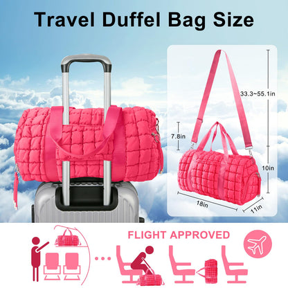 Quilted Travel Duffle Bag Gym Bag for Women,Large Puffer Duffle Weekender Bag with Compartment,Workout Overnight Carry on Organizer Bag Duffle Bag for Airplane Travel(Rosered)