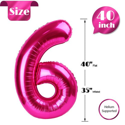 Hot Pink 6 Balloon, Number Balloons 40 Inch, 6th Balloons for Birthday Decorations, Hot Pink Party Supplies 6 Birthday Balloon, Number 6 Balloon