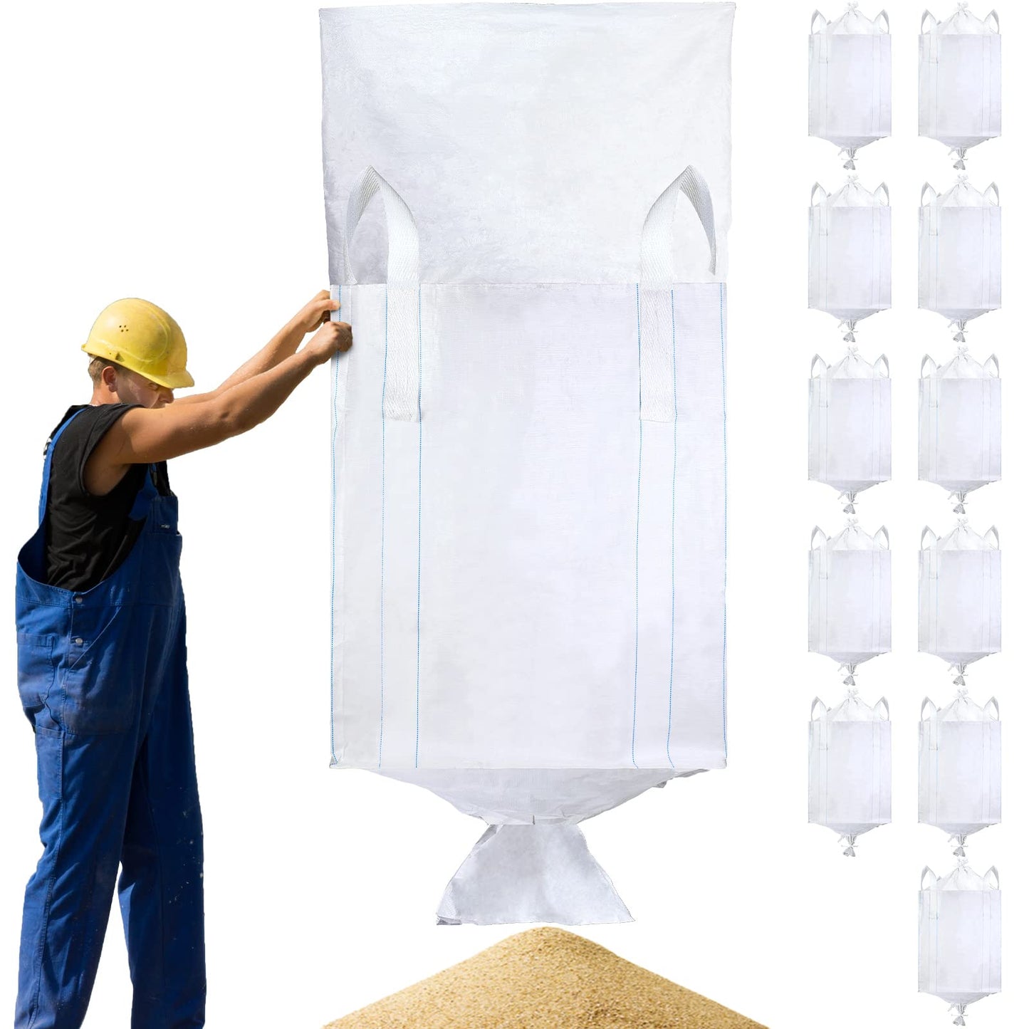 Hoolerry 12 Pcs FIBC Bag Bulk Sack Bulk Bag for Construction Dumpster Sand 1 Ton 3300lbs 35x35x43 in Heavy Duty Large Sand Sacks with Duffle Bottom and Handle for Industrial Transport