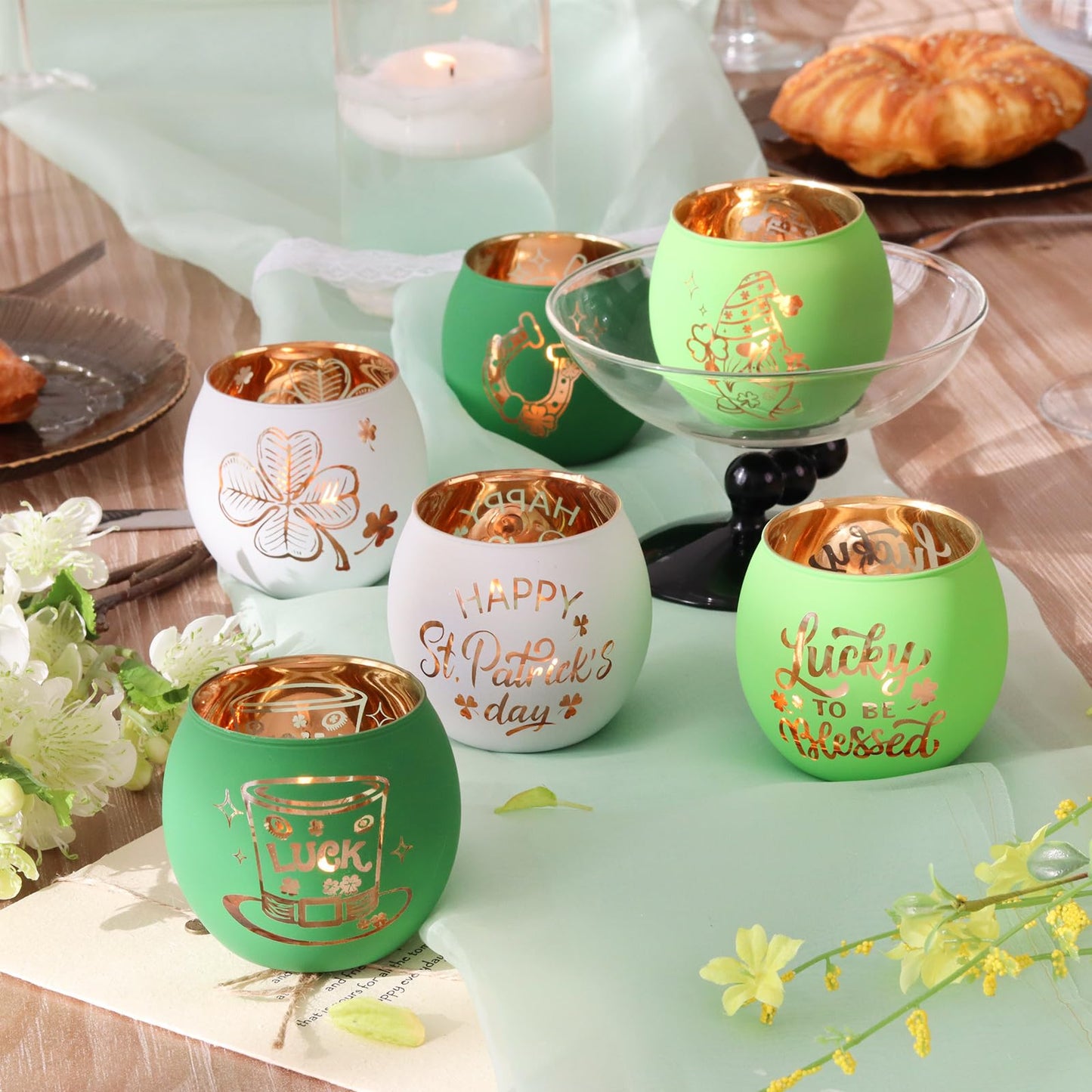 SHMILMH St. Patrick's Day Candle Holders 6PCS St Patricks Day Shamrocks Decorations for Table Centerpiece, Glass Votive Tealight Holders for Home Decor Party Decorations