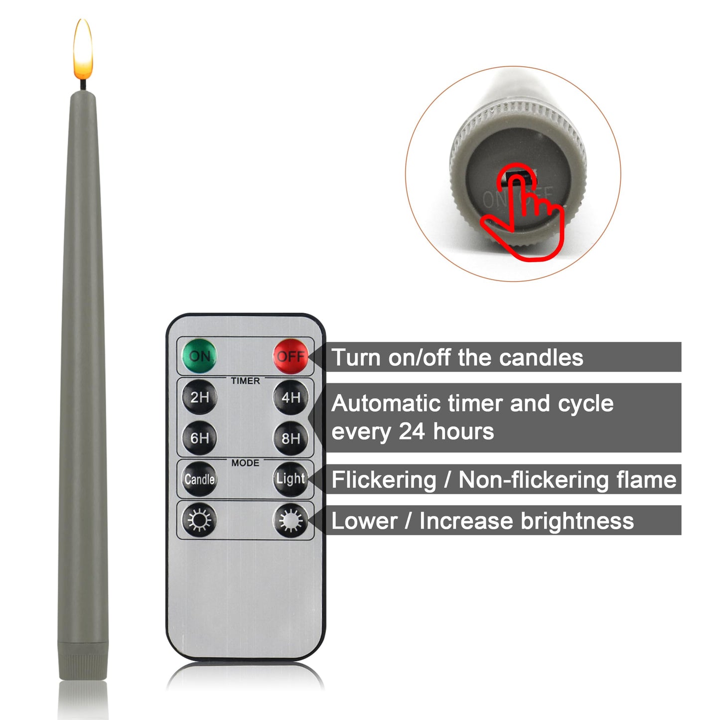 CVHOMEDECO. Flameless Taper Candles with 10-Key Remote, Battery Operated Led Flickering 3D Wick Window Candles Real Wax Finished Home Christmas Party Decor 0.78 x 11 Inch, Pack of 3, Grey