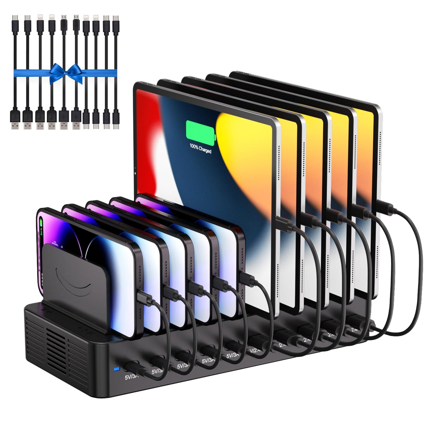 100W Charging Station for Multiple Devices, 10-Port USB Fast Charging Station with Adjustable Dividers & 10 Cables- Multi Device Organizer Charging Dock for iPhone, iPad, Tablets & More(Black)