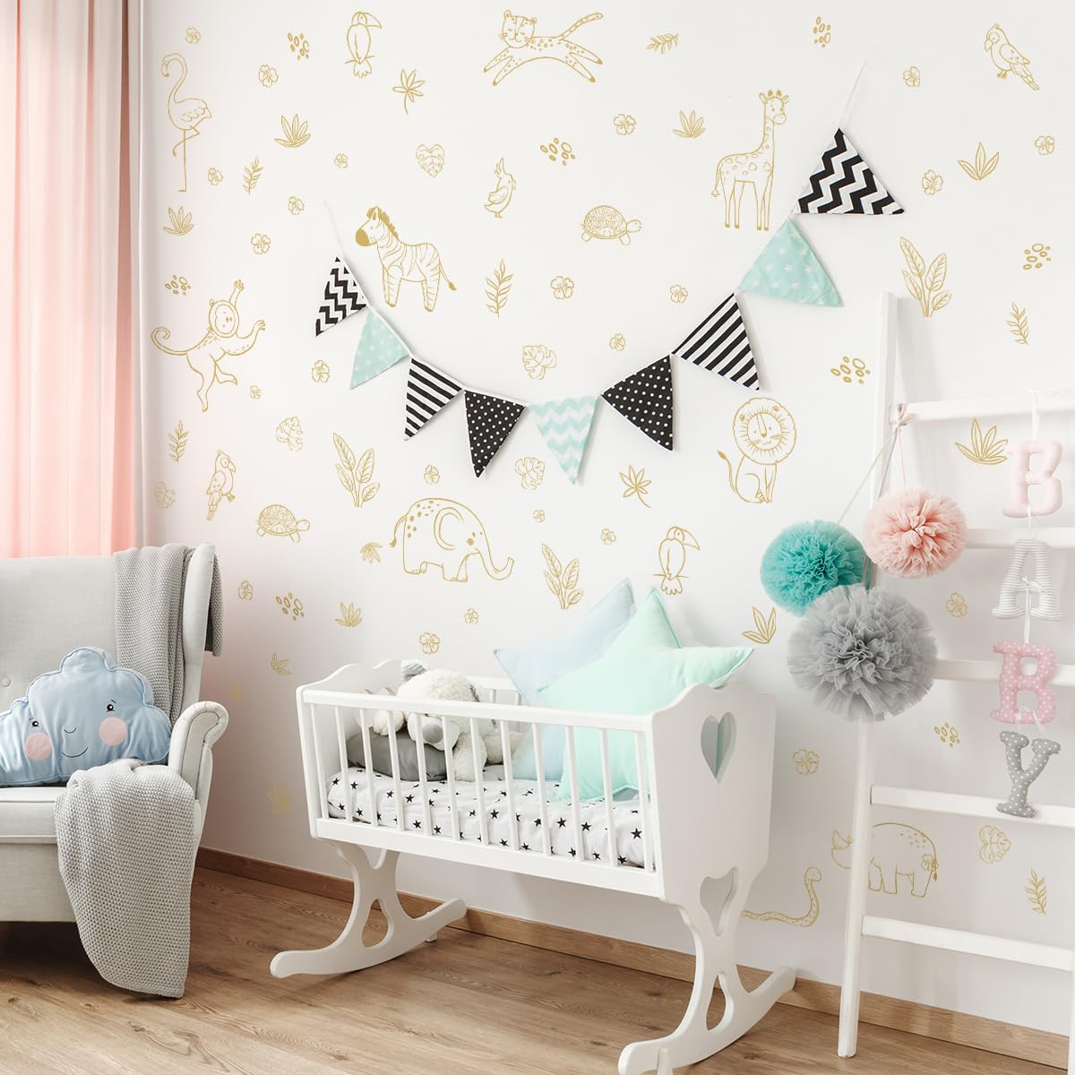 Jungle Animals Wall Decals, Jungle Theme Removable Wall Sticker，Lion Cheetah Toucan Elephant Giraffe，Nursery Decor Playroom Bedroom Classroom Wall Decoration.