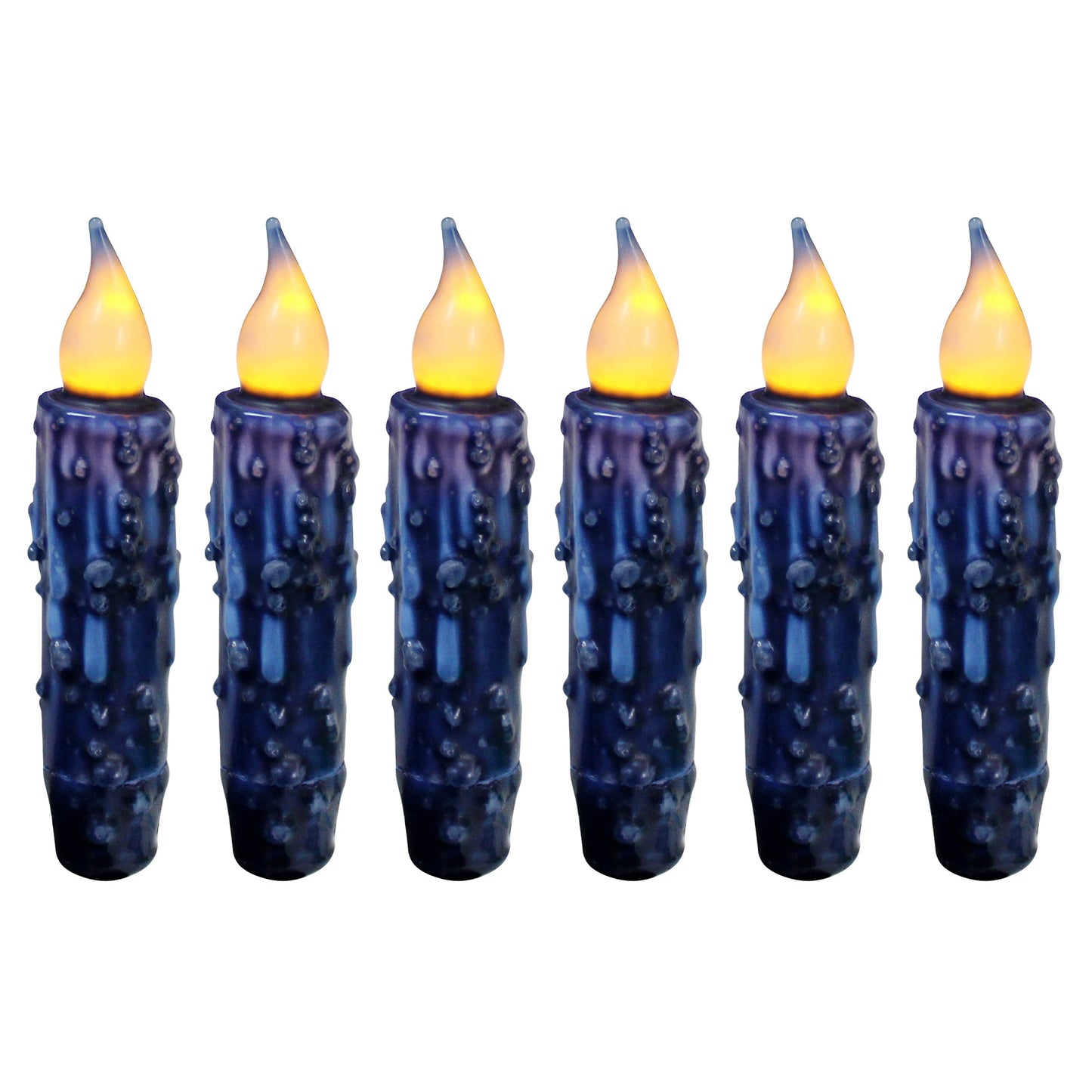 CVHOMEDECO. Real Wax Hand Dipped Battery Operated LED Timer Taper Candles Rustic Primitive Flameless Lights Decor, 4-3/4 Inch, Navy Blue, 6 PCS in a Package