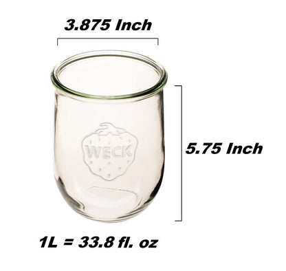 Weck Tulip Jar - 35.9 fl. oz (1 Liter) - Large Glass Container for Sourdough Starter, Canning, and Storage - Includes Glass Lid & Wooden Lid