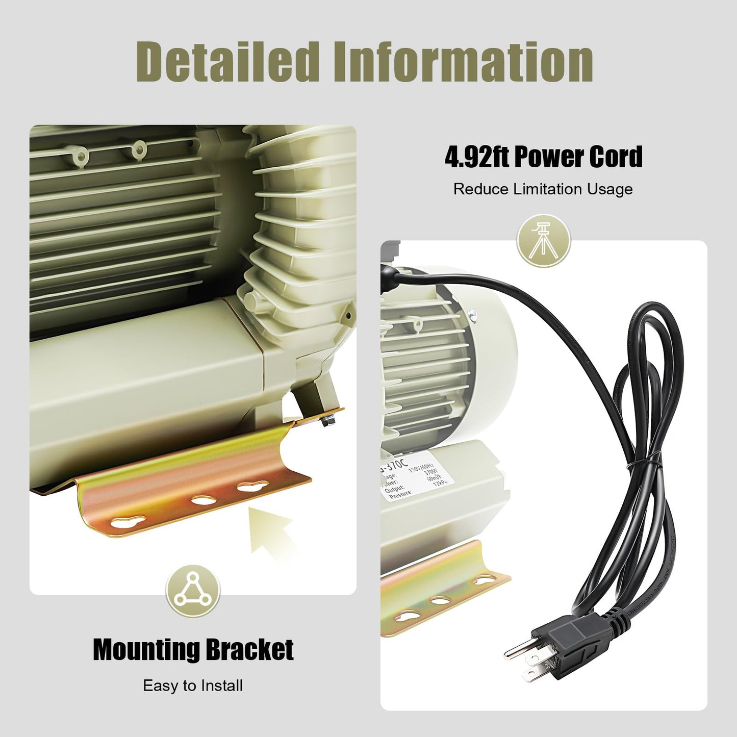 370W Air Pump Blower, 12KPa 2119ft³/H High Pressure Industrial Blower, Aquaculture Vortex Air Blower for Fresh Food Markets Aquariums Restaurants, Low Noise 50-60dB