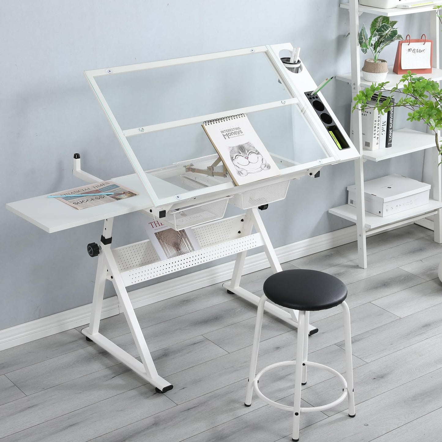 Garvee Drafting Table w/Stool, Height Adjustable Drawing Table, Multifunctional Art Craft Paintings Work Station w/2 Storage Drawers, 0-75° Tilting Glass Tabletop for Home Office, White