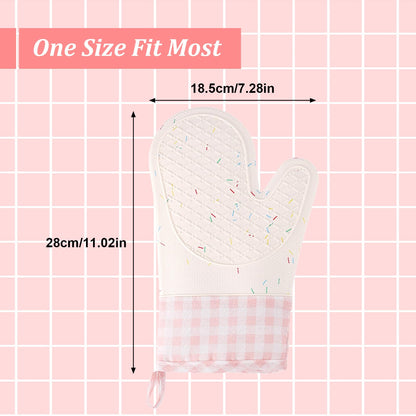 Wanheart Silicone Oven Mitts Heat Resistant, Non Slip Baking Mittens with Cotton Lining, Cute Confetti Pink Kitchen Decor for Cooking, 2-Pack