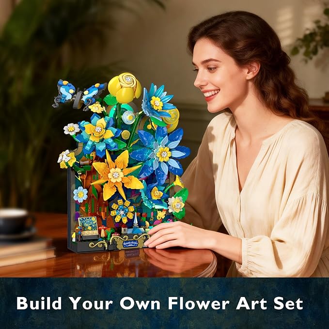 Starry Night Flower Wall Building Set with Lights Botanical Collection Famous Painting Artwork Building Block with Butterfly 1008 PCS Home Wall Decor for Adults Girls 10+