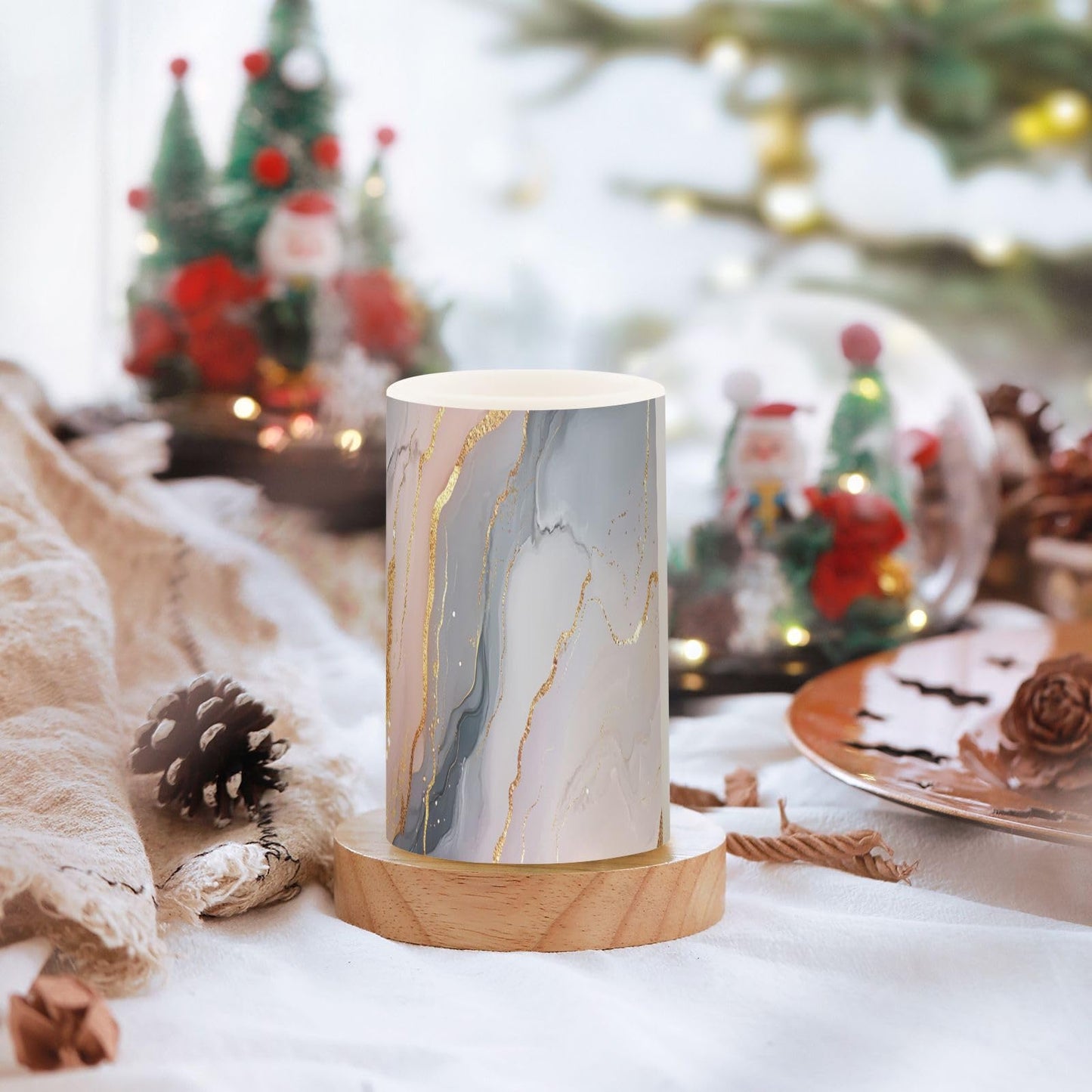 Zathe Flameless Flickering Candles Remote Control Led Pillar Candles for Decorations Marble Blush Grey
