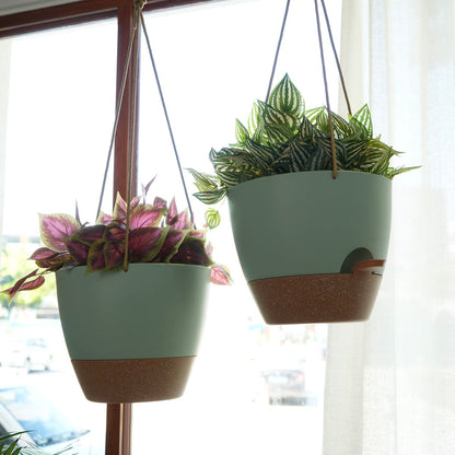 SwinDuck 10 Inch Self Watering Hanging Pots, 2 Pack Hanging Planters with 40oZ Deep Reservior for Indoor Outdoor Plants Flowers, Green with Brown
