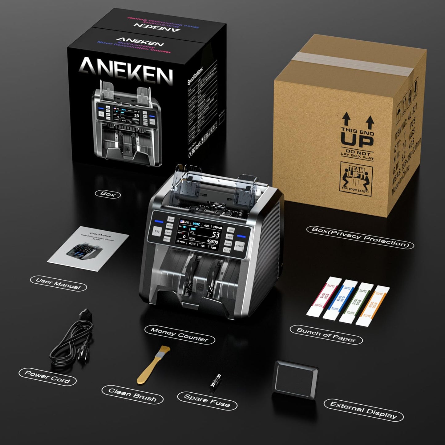 Aneken Mixed Denomination Money Counter with Counterfeit Detection, Touch Screen, and 2CIS/UV/MG/IR/DD/DBL/HLF/CHN, Value and Mixed Counting for Accurate Cash Counting, Gray