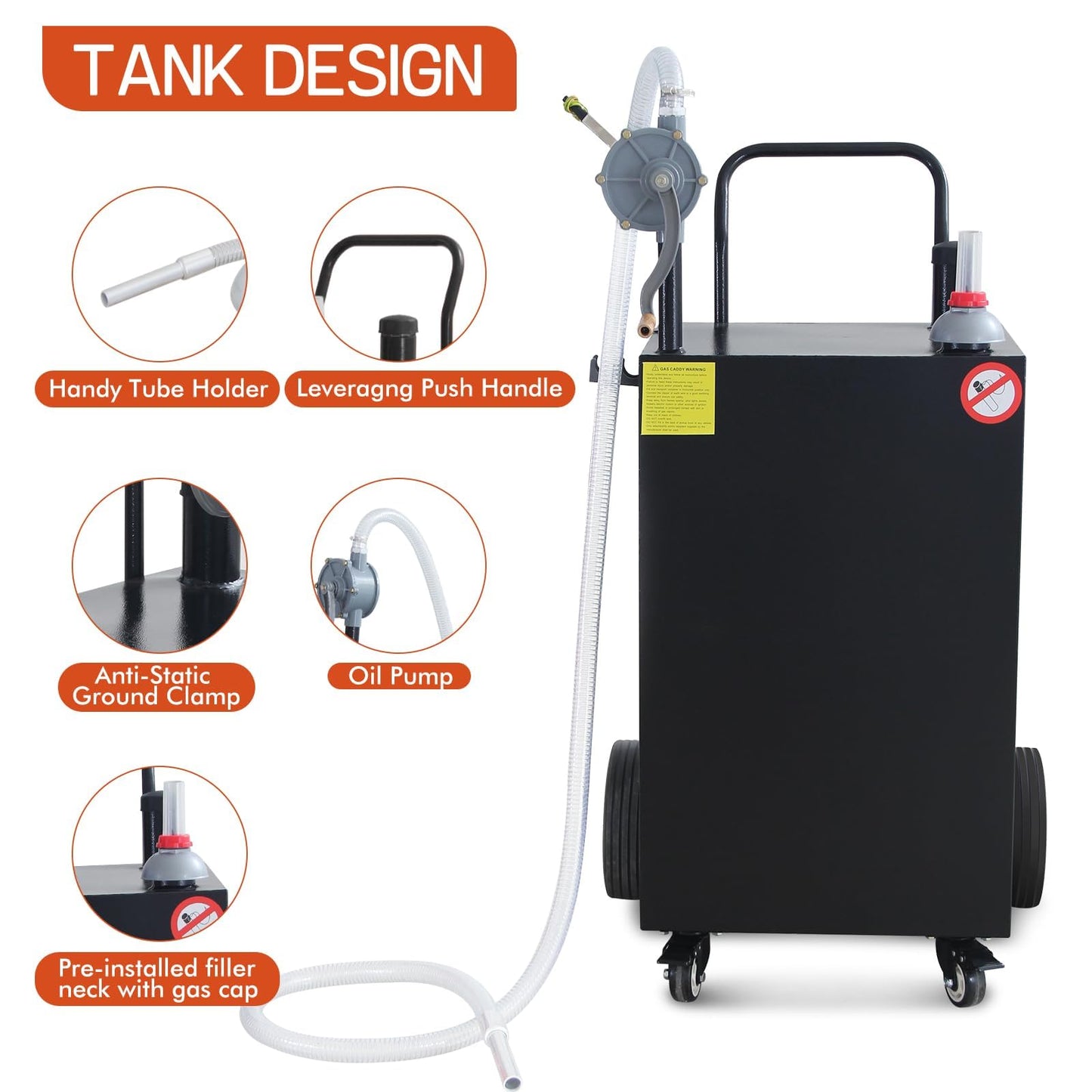 45 Gallon Fuel Caddy with Manual Pump Heavy Duty Portable Gas & Diesel Transfer Tank All Terrain 4 Wheel Cart with Brakes Gasoline Diesel Fuel Container for Tractor Truck & Farm Use