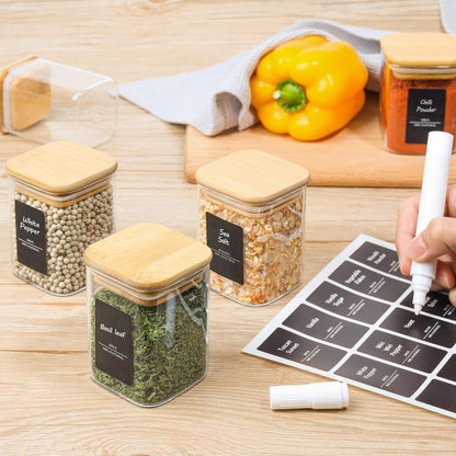 ComSaf 16Pcs Glass Spice Jars with Bamboo Lid, 4oz Airtight Square Spice Containers with 275 Black Lables, Empty Seasoning Jars for Spice Salt Sugar