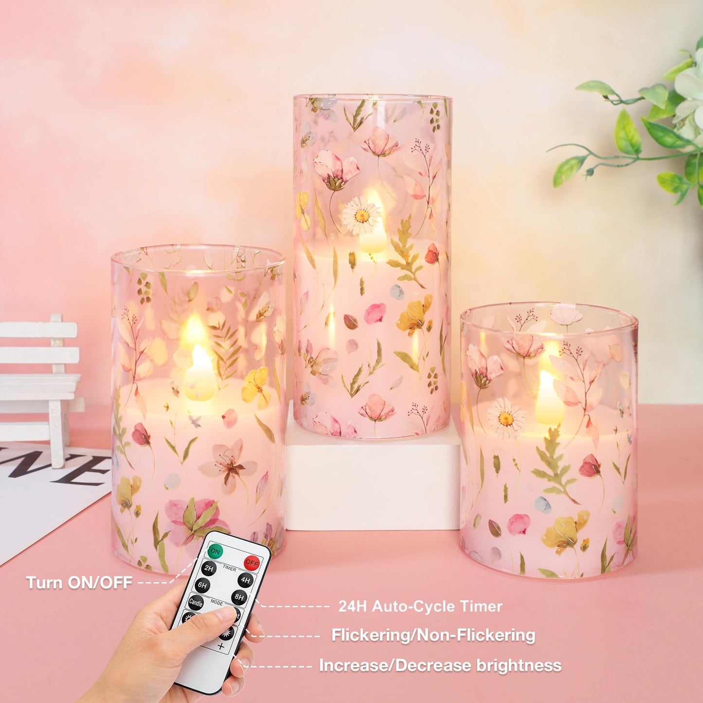 Crystal Club Flameless LED Candles with Remote Timer, Pink Floral Glass Battery Operated Candles, 3 Pack Realistic Flickering Pillar Candles for Wedding Home Centerpiece Decoration
