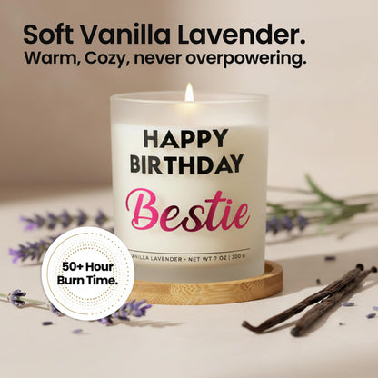 Wick and Wit Bestie Birthday Gifts for Women - Happy Birthday Bestie Gifts for Women Friend Friendship Soy Candle Gift Set for BFF Sister Coworker Vanilla Lavender Candle Ready to Gift Box