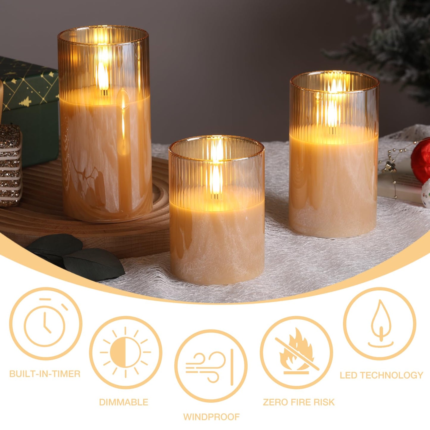 Eywamage Gold Ribbed Glass Flameless Pillar Candles with Remote, Flickering LED Wax Candles Battery Operated Set of 3