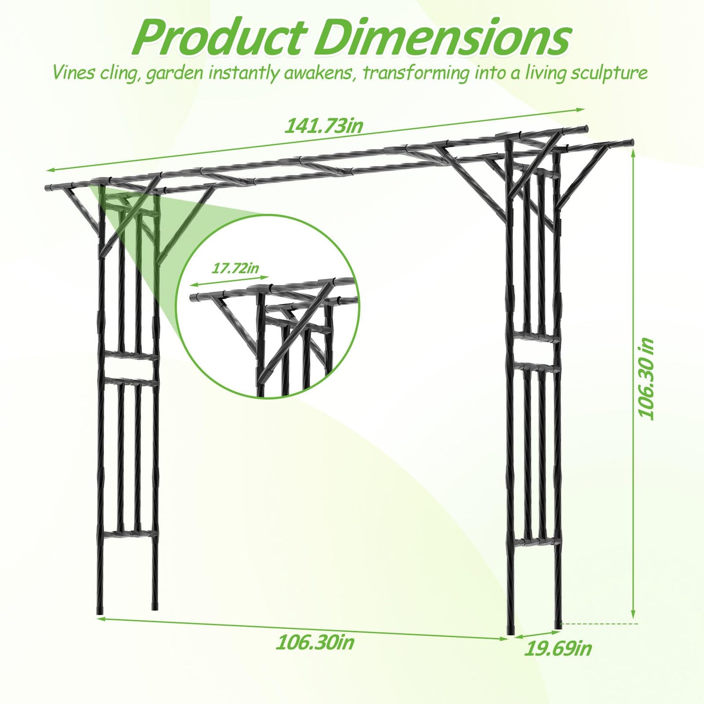 Trellume Garden Arch Trellis - 141.7" L×106.3" H Extra Large Flat Top Arbor Trellis with Coated Steel Pipe, Trellis for Climbing Plants Outdoor, Heavy Duty Abor Archway for Wedding Decor(25MM Pipe)