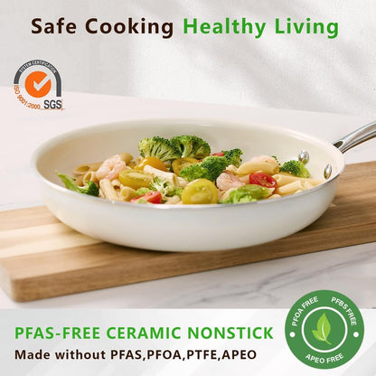 SAKAMOSH 8" Ceramic Frying Pan Nonstick, Small Skillet, Cooking Pan Non Toxic with Stay Cool Handle for Induction, Chef's Pan, PTFE & PFAS & PFOA Free, Dishwasher/Oven Safe, White