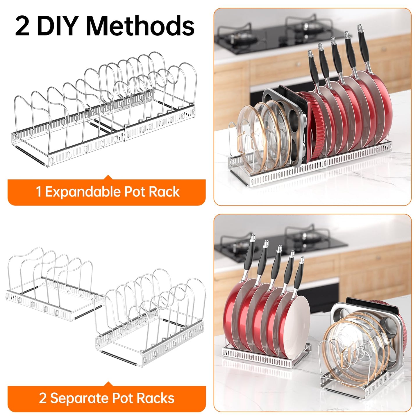 MUDEELA Pots and Pans Organizer Rack for under Cabinet, Expandable 11.81''-22.85'' Pot Lid Kitchen Cabinet Organizer Holder with 10 Adjustable Compartment Cutting Board Organizer for Pan Lid, Bakeware