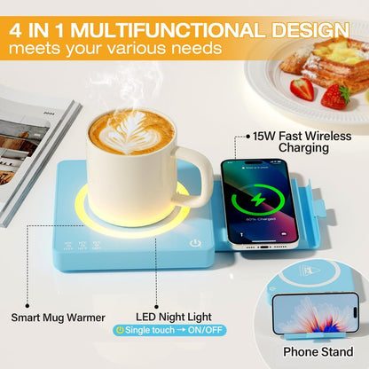 WHOLEV Coffee Mug Warmer, Smart Mug Warmer, 15W Wireless Phone Charging, 3 Heat Settings Temperature Controlled, 8H Auto Off, Candle Warmer, Safe for Heating Coffee, Beverage, Milk, Tea