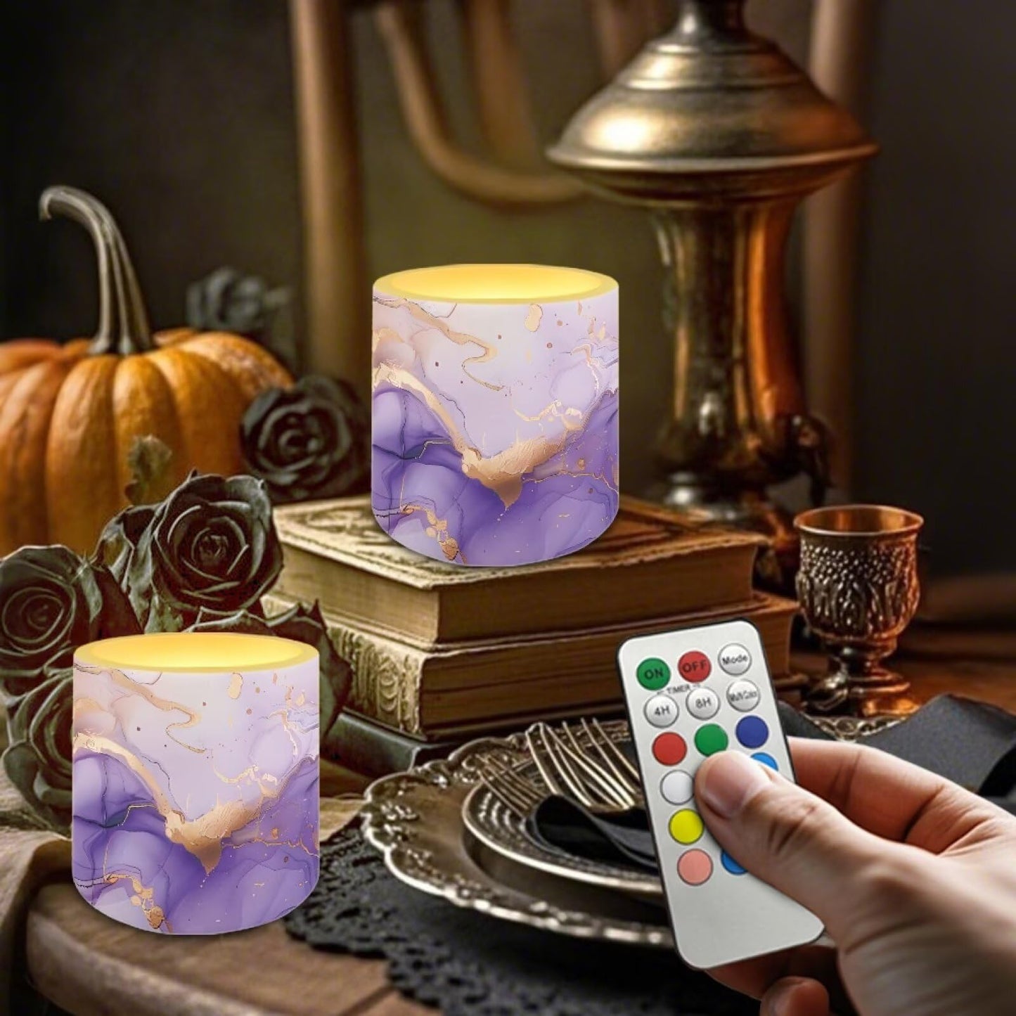 Cozeyat Purple Blue Marble Romantic Ambiance Flameless Candles 4 Pack Battery Operated LED Pillar Candles with Remote Control Timer Waterproof for Indoor Outdoor Use