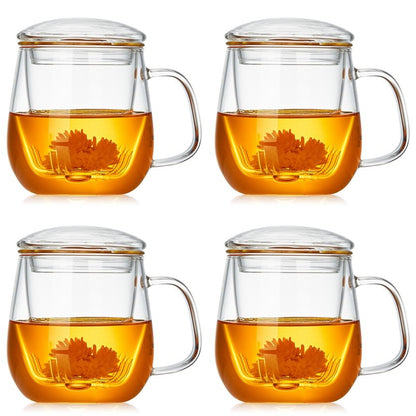 DOPUDO Glass Teacups 4 Pack Glass Tea Cup with Infuser and Lid, 17.6oz/520ml Large Borosilicate Teacup,Tea Clear Mug Cup for Loose Leaf Blooming Tea, Microwave & Dishwasher Safe.