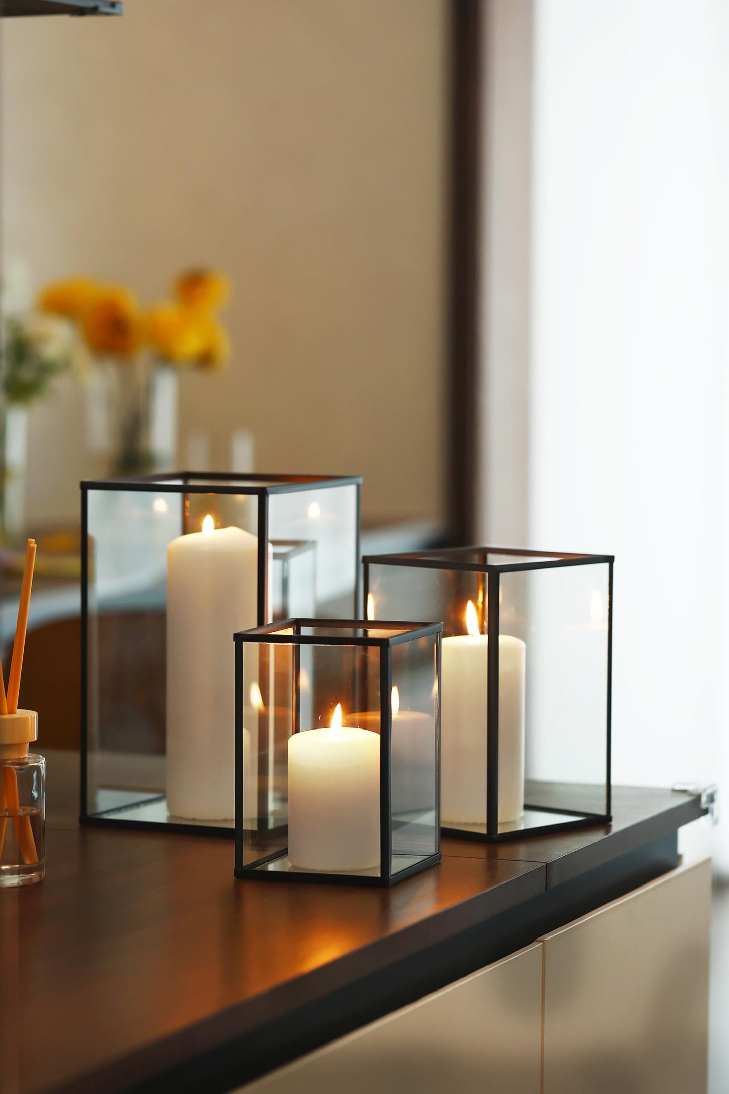 PHOSPHOR Hurricane Glass Candle Holder Set of 6 Pieces Black Hurricane Candleholders for Wedding Party Holiday Birthday Home Decor Lanter