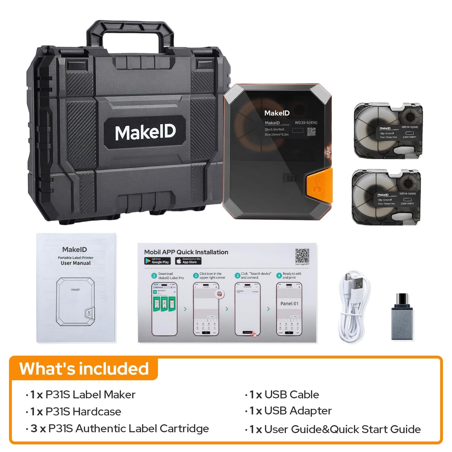 Makeid P31S Industrial Label Maker Portable Bluetooth Printer with 0.75" x 19.68ft Label for Wire Cable Labeling Machine, Job Sites and Heat Shrink Tubing Labeler-Hardcase with 3 Cartridges Bundle