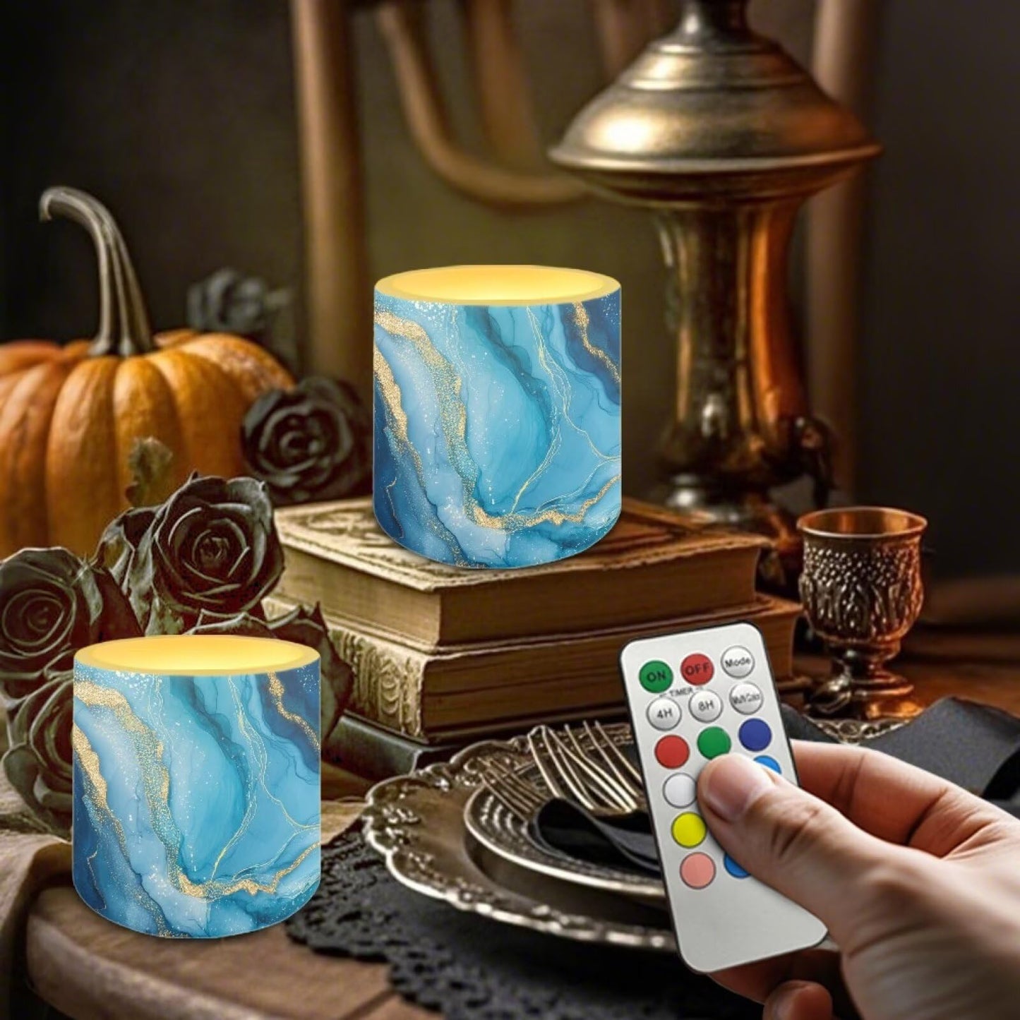 Cozeyat Blue Marble LED Candles Set of 4 Battery Powered Flameless with Remote Timer Waterproof Flickering Pillar Candles for Home Patio Garden