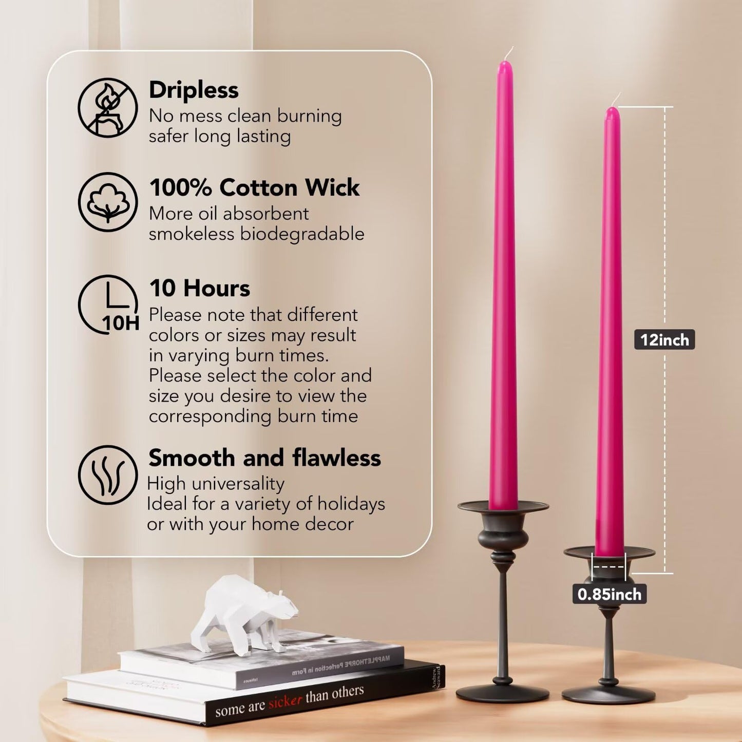 Pickood 12-Inch Tall Dripless Taper Candles Set of 4 - Hot Pink Tapered Candles, Perfect for Spring - Smokeless, Unscented, Long Burning - Hand Poured, Colored Tall Candlesticks - neon Pink