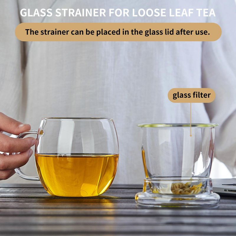 DOPUDO Glass Tea Cup with Infuser and Lid, 17oz/500ml Large Borosilicate Teacup for Loose Leaf Tea, Blooming Tea