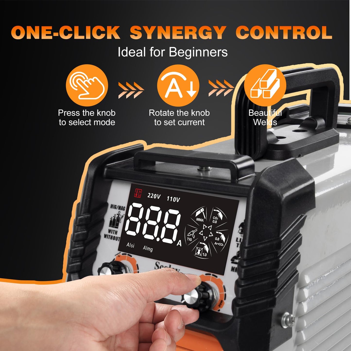 Scoley 5-in-1 MIG Welder 110V/220V, 180A Aluminum Welder/Gas MIG/Flux Core Welder/Lift TIG/Stick Welding Machine with IGBT Inverter Synergic Control, Large Digital Display, Welding Gloves & Mask