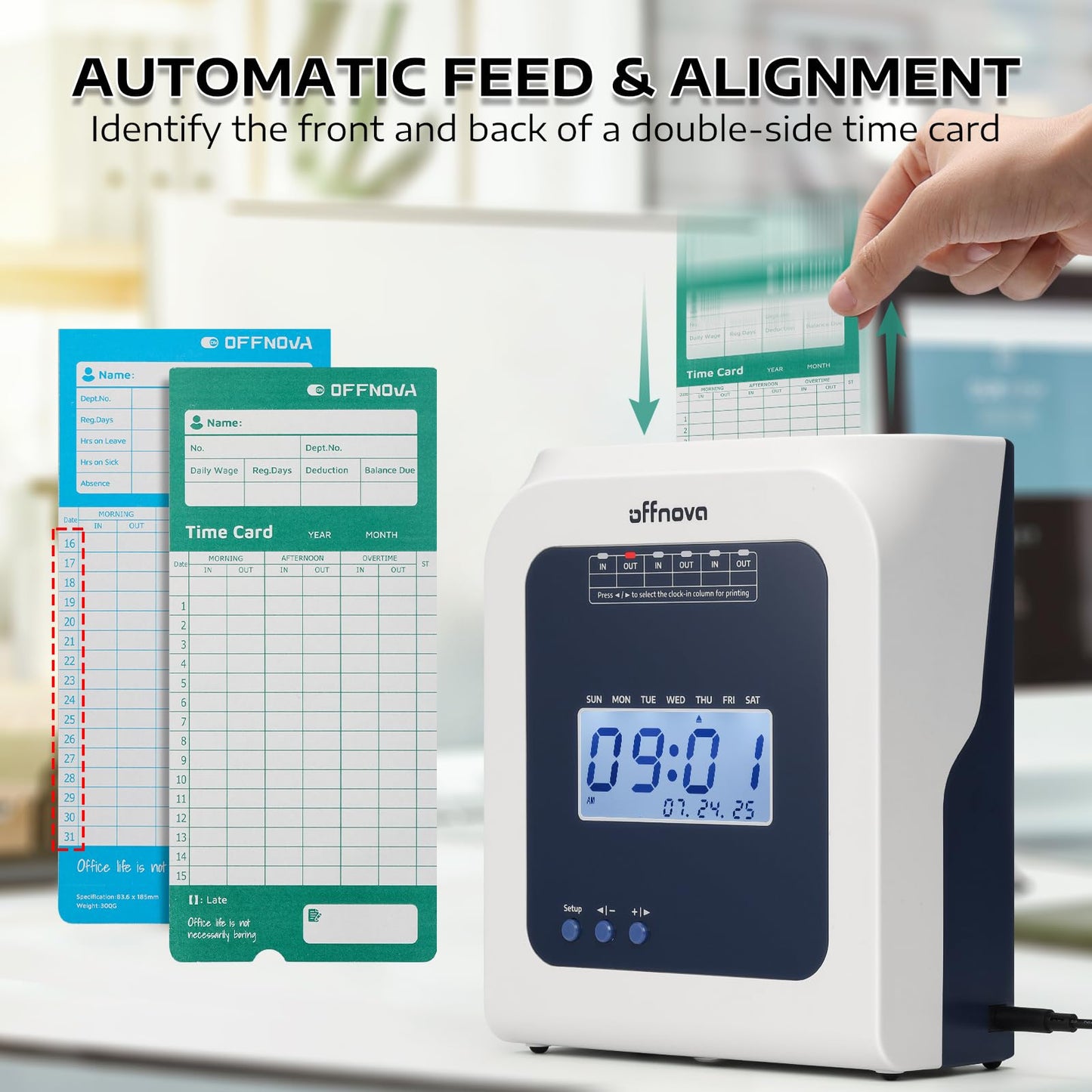 OFFNOVA Thermal Time Clock for Employees Small Business, No Ink Ribbons or Network Needed, in/Out Time Attendance Machine with 50 Time Cards, White