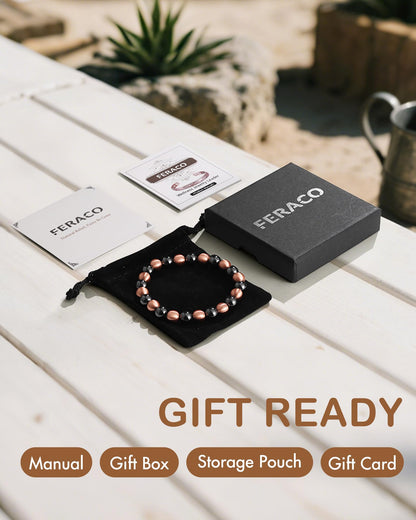 Feraco Pure Copper Magnetic Bead Bracelet for Men Women, 8mm 99.99% Solid Copper & 3500 Gauss Magnetic Hematite Beads, Unisex Stretch Wristband, Gift-Ready Jewelry