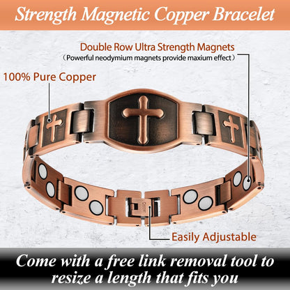 Cigmag Copper Bracelet for Men Double Row Ultra Strength Magnets Pure Copper Magnetic Bracelet & Ring with Adjustable Sizing Tool (Cross)