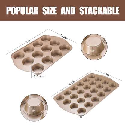 JOHO BAKING Nonstick Muffin & Cupcake Pan Set (2 Pack) - 12 Cup Regular + 24 Cup Mini Muffin Tins | Heavy Duty Gold Carbon Steel, Rust-Resistant, Easy Release