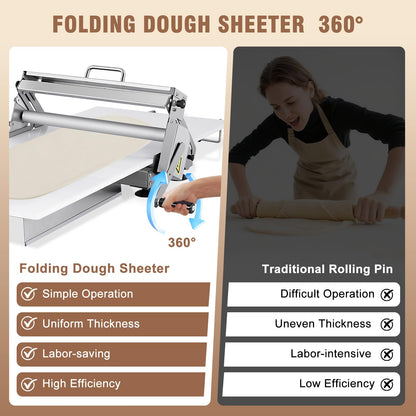 Folding Dough Sheeter 15.5in Manual Dough Sheeter Machine Folding Dough Rolling Machine Pastry Sheeter Stainless Steel Thickness Adjustable 2.5-25MM