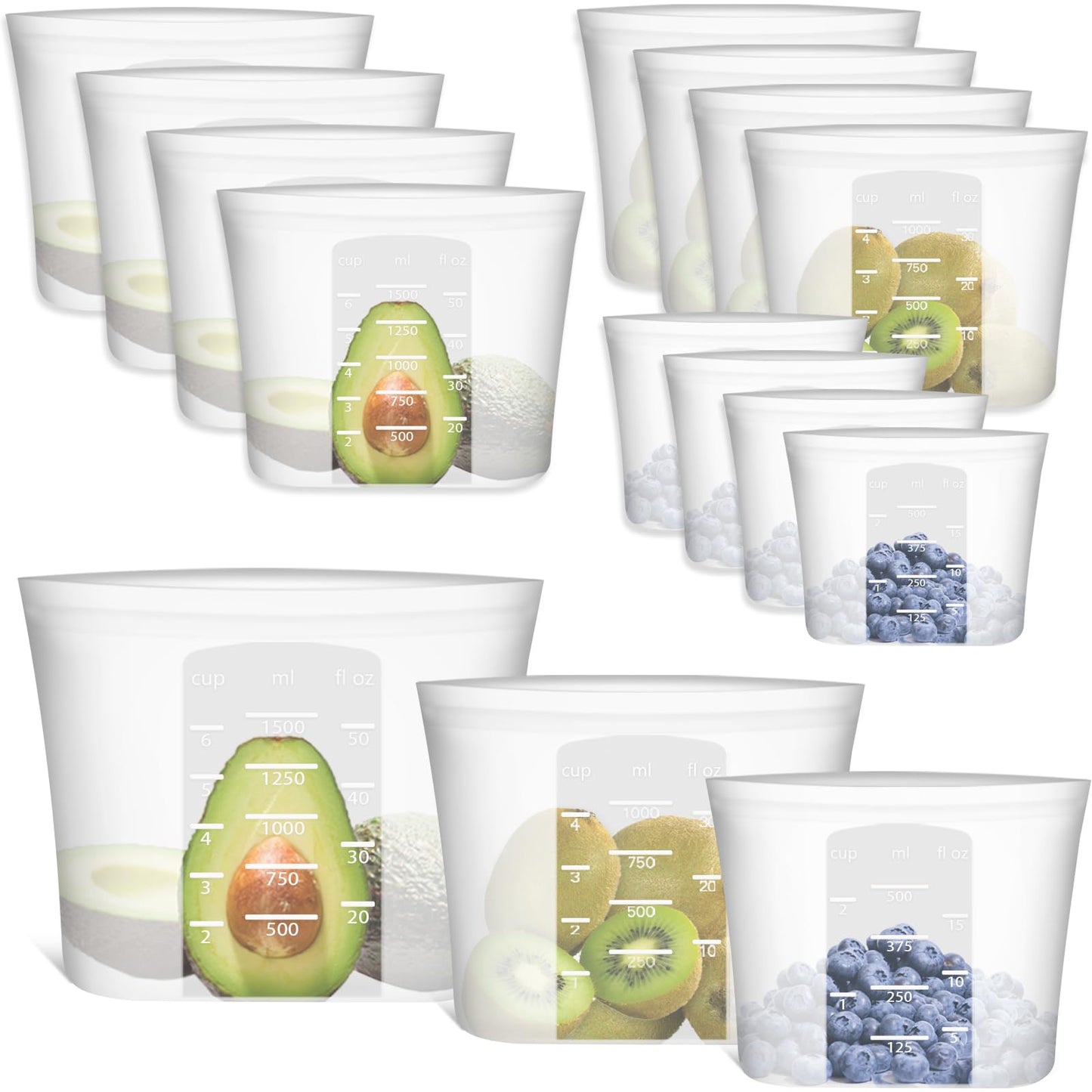 Reusable Food Bags, 12 Pack 100% Silicone Food Storage Bags Stand Up Zip Lock Container, Freezer Microwave Oven Dishwasher Safe, 4 Medium 4 Small 4 Extra Small, Aqua