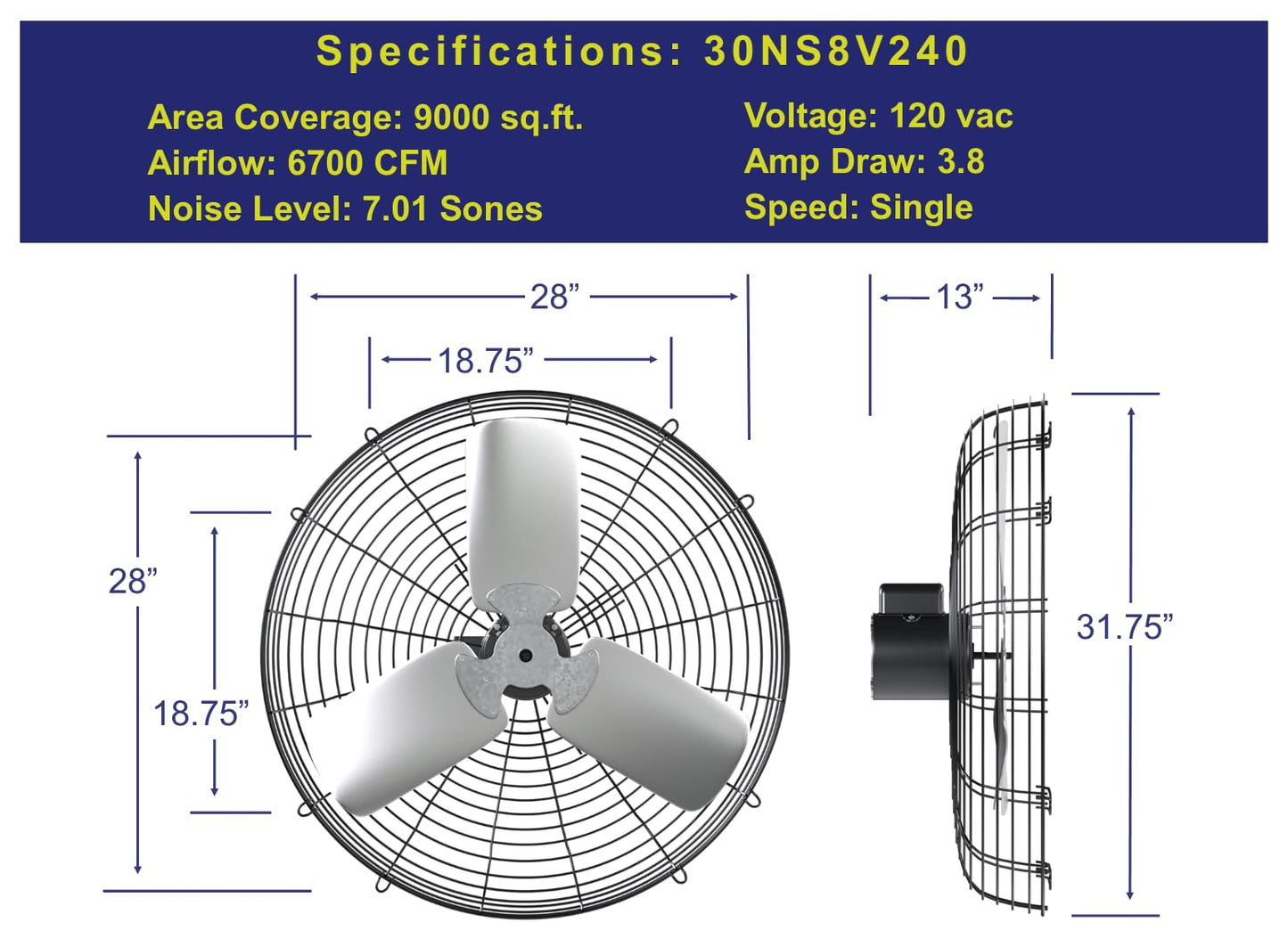 Hessaire 30NS8V240 Exhaust Fan, 30 Inch, 6700 CFM, Guard Mount, Corrosion Resistant