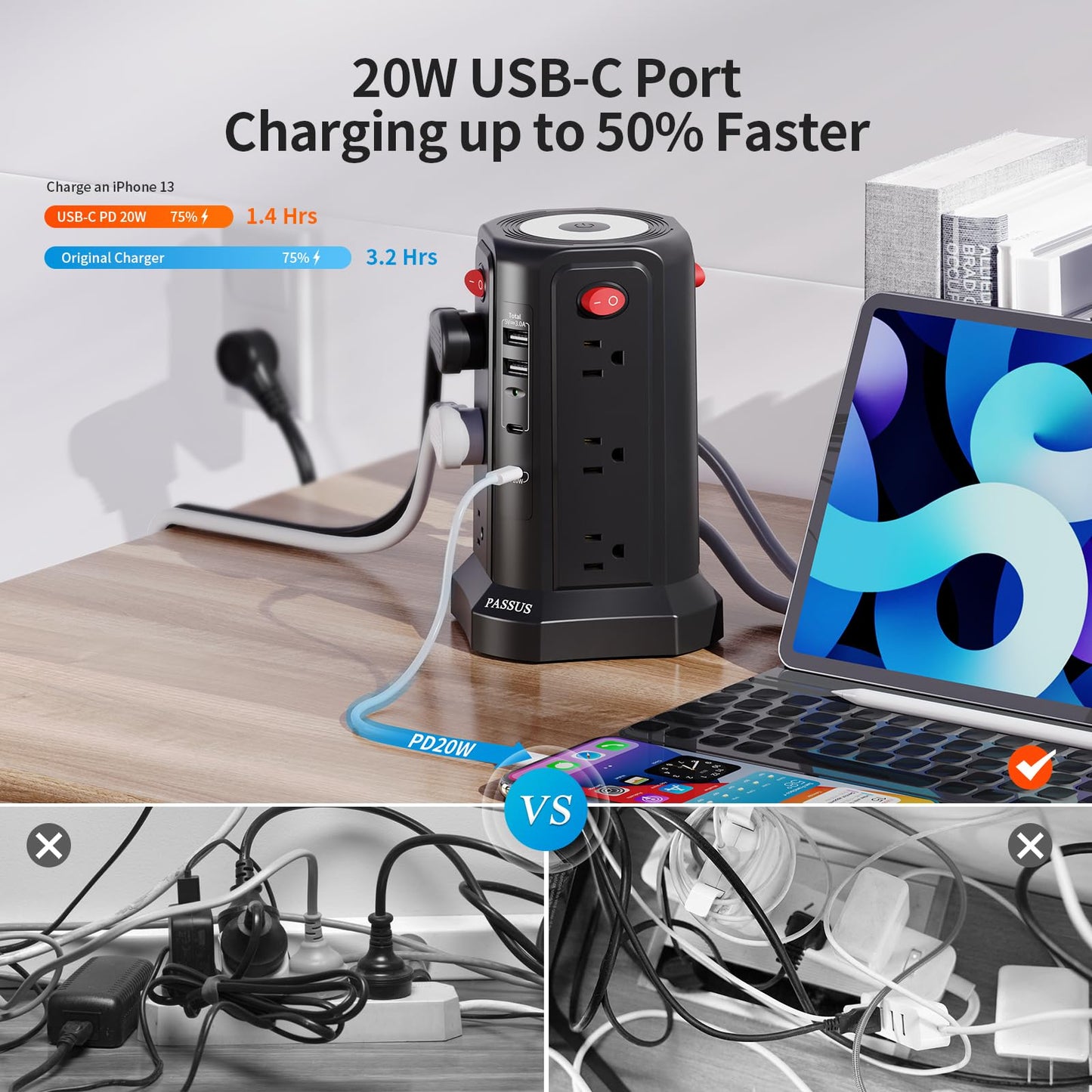 Long Surge Protector Power Strip 16 FT Cord, PD20W USB C Power Strip Tower with Night Light, Extension Cord with Multiple Outlets with 4 USB Ports, PASSUS Charging Station Home Office Essentials Black