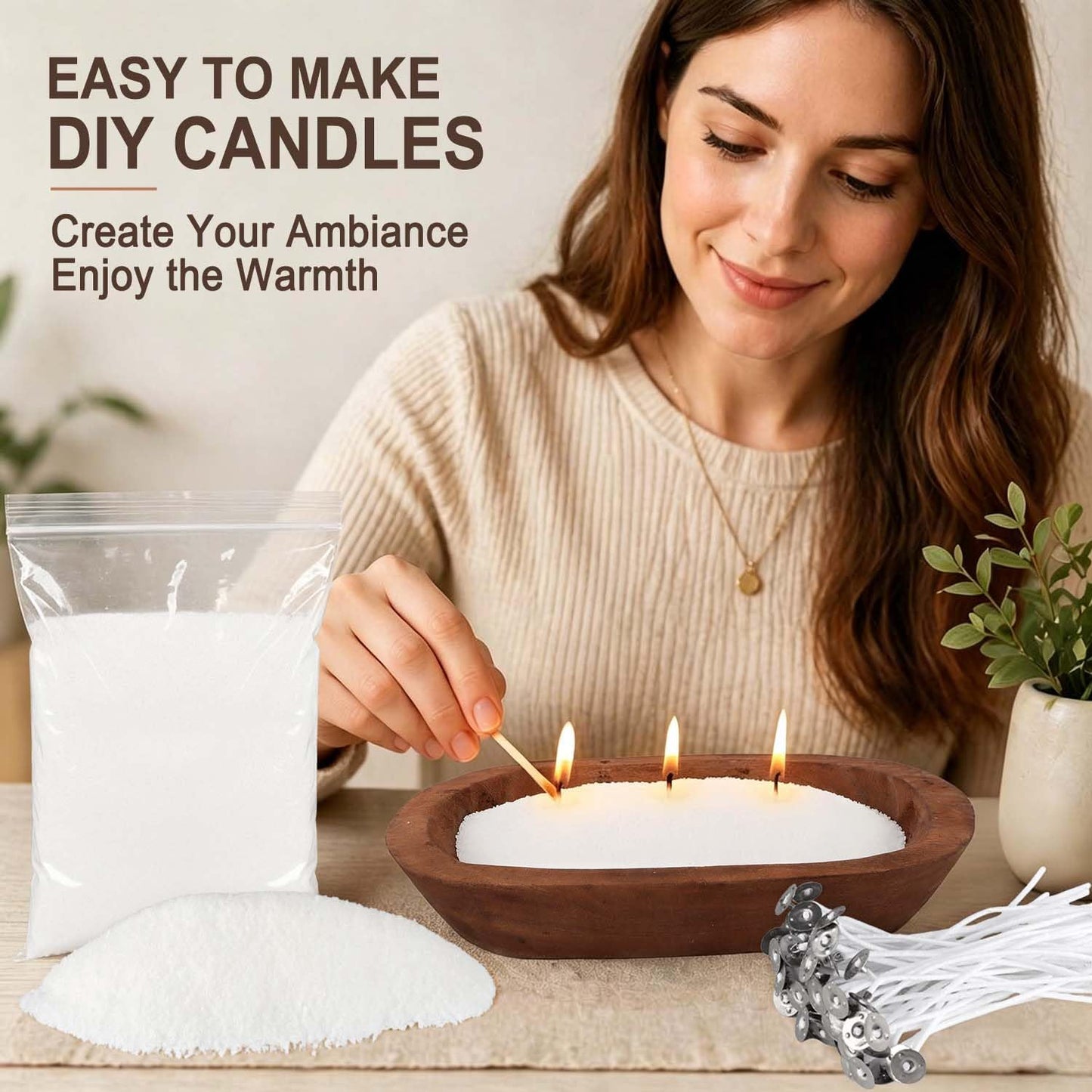 Wfmolcand Sand Wax Candle Making Kit - 2LB Snow Wax with Wooden Bowl & 20 Wicks, DIY 3-Wick Scented Candle Set for Adults Beginners, Easy No-Melt Home Decor Gift for Birthday Christmas Housewarming