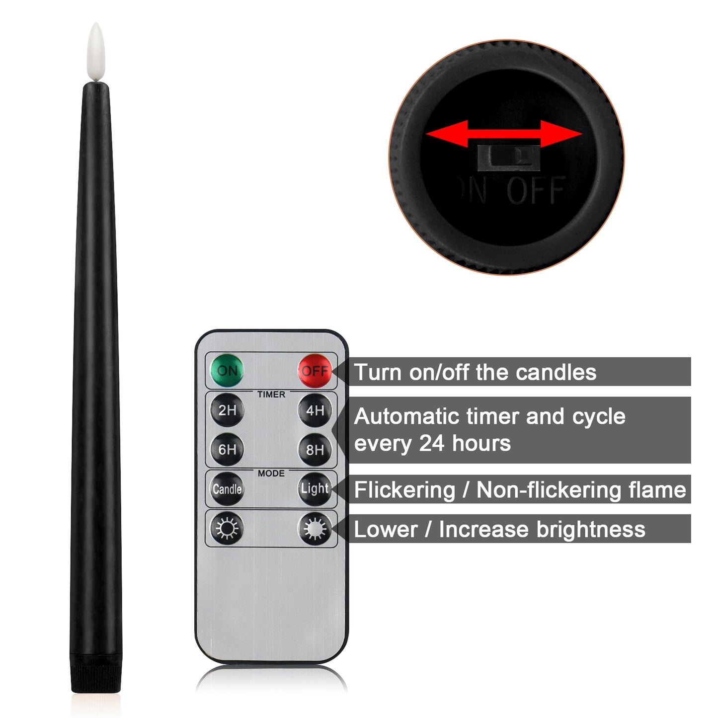 CVHOMEDECO. Flameless Taper Candles with 10-Key Remote, Battery Operated Led Flickering 3D Wick Window Candles Real Wax Finished Home Christmas Party Decor 0.78 x 11 Inch, Pack of 2, Black